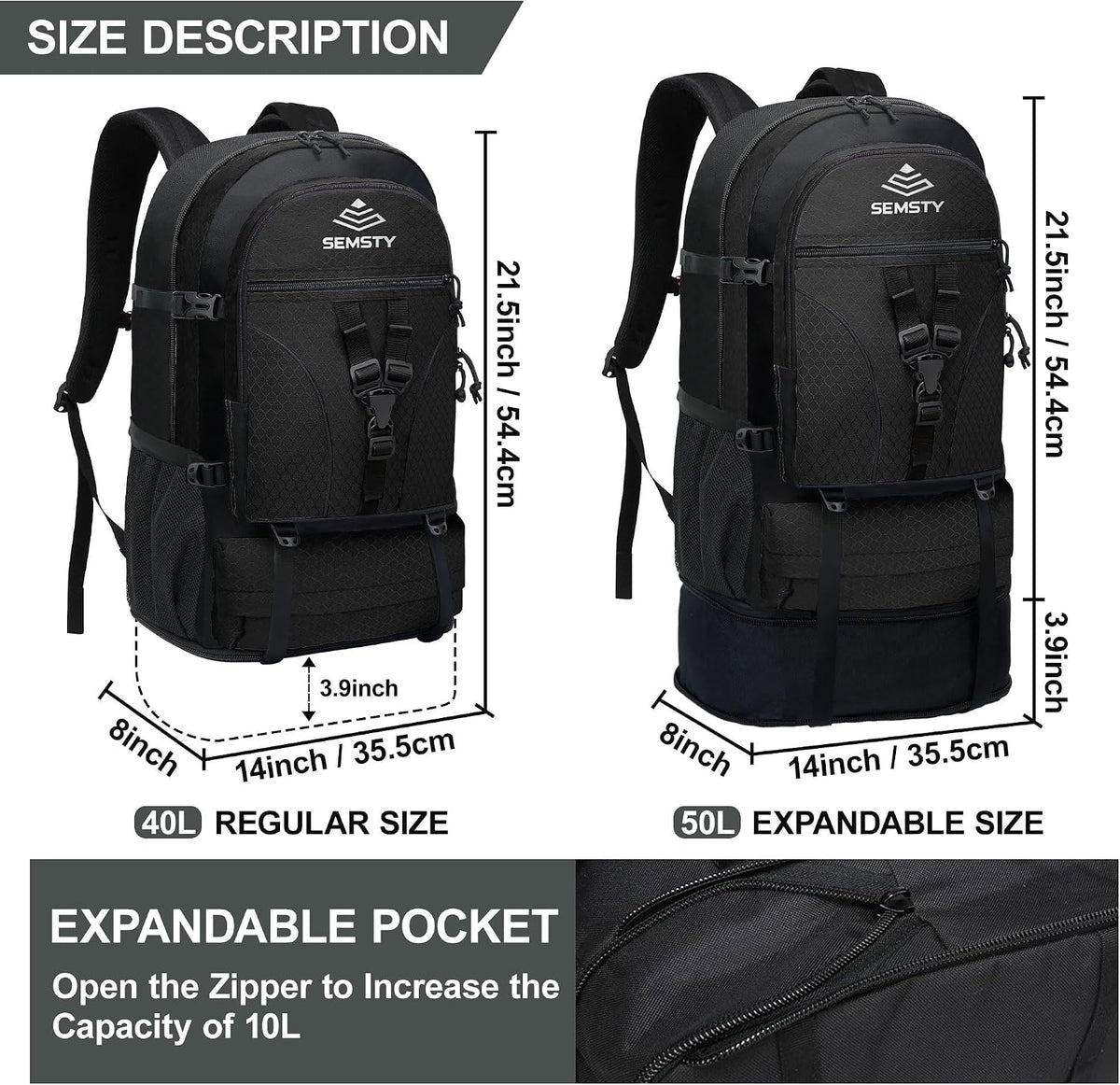 40L/50L Expandable Hiking Backpack for Men & Women，Camping Backpack