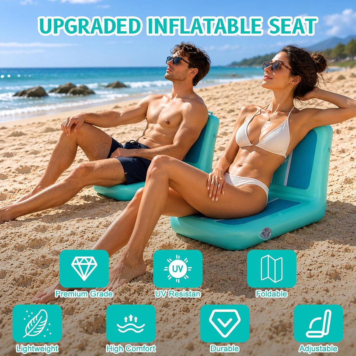 Inflatable Kayak Seat with Back Support & Mesh Storage Bag, Adjustable Paddle Board Cushion Chair for Adults, Portable Blow Up Seats for SUP Raft Canoe Fishing Boat