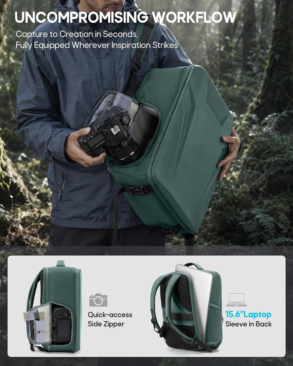 RAINSMORE Camera Backpack,Hardshell Photography DSLR Camera Bag，Green