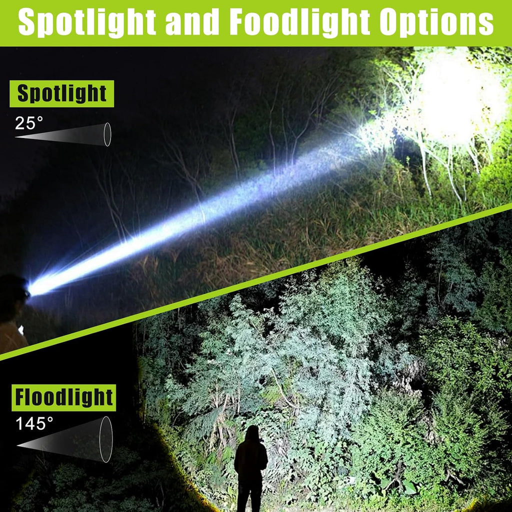Rechargeable LED Headlamp with Flood and Spot Beam, Power Display, 5 Lighting Modes, Yellow/Blue Filter Lens, High Lumen Outdoor Waterproof Head Torch for Fishing, Hunting, Hiking, Outdoor