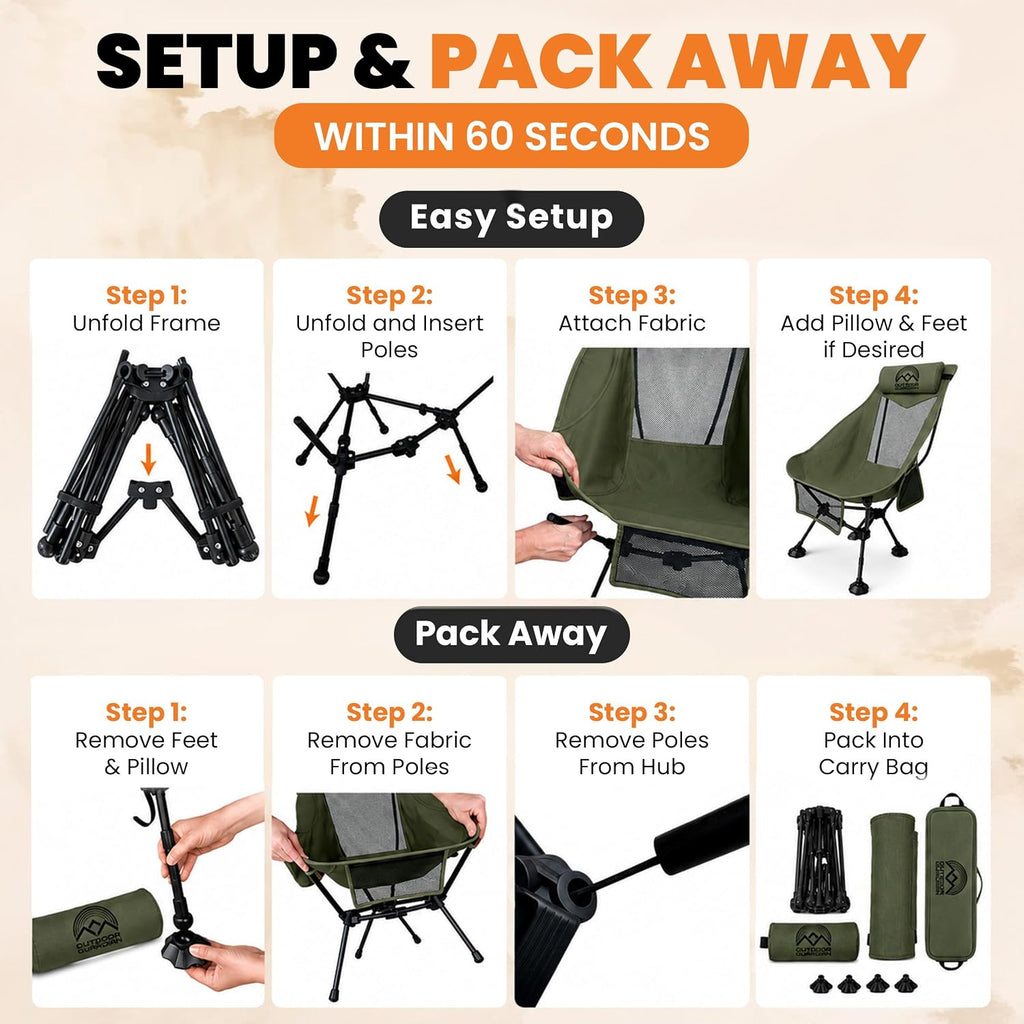 Compact High Back Camp Chair - Adjustable Height & Recline