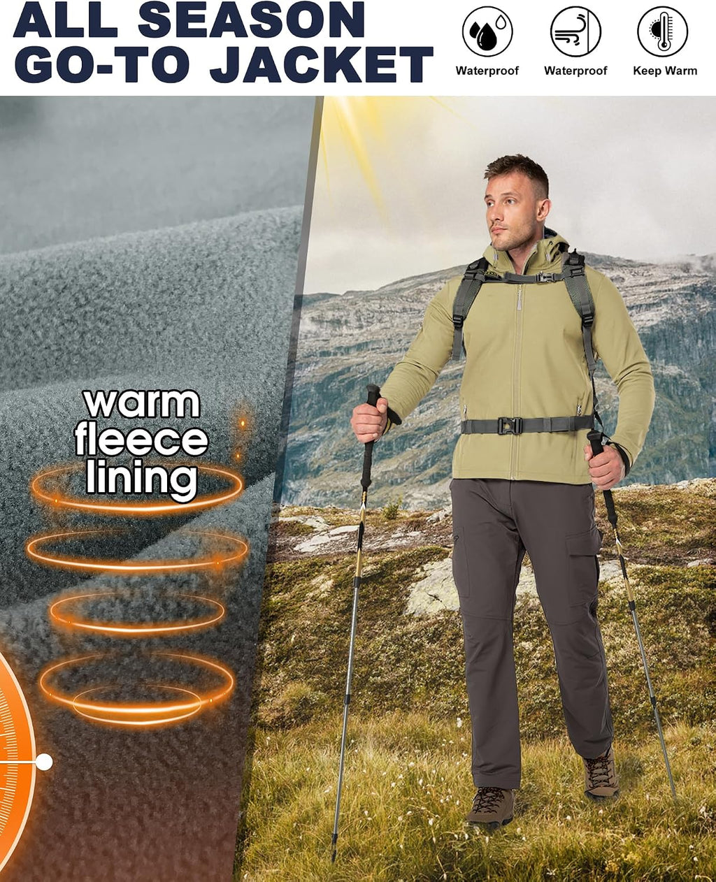 33,000ft Men's Hooded Fleece Lined Rain Shell Jacket Waterproof Lightweight