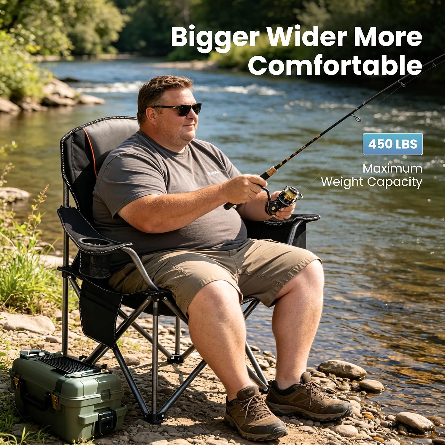 2 Pack Oversized Folding Camping Chairs Lawn Chairs Support 450 LBS Black