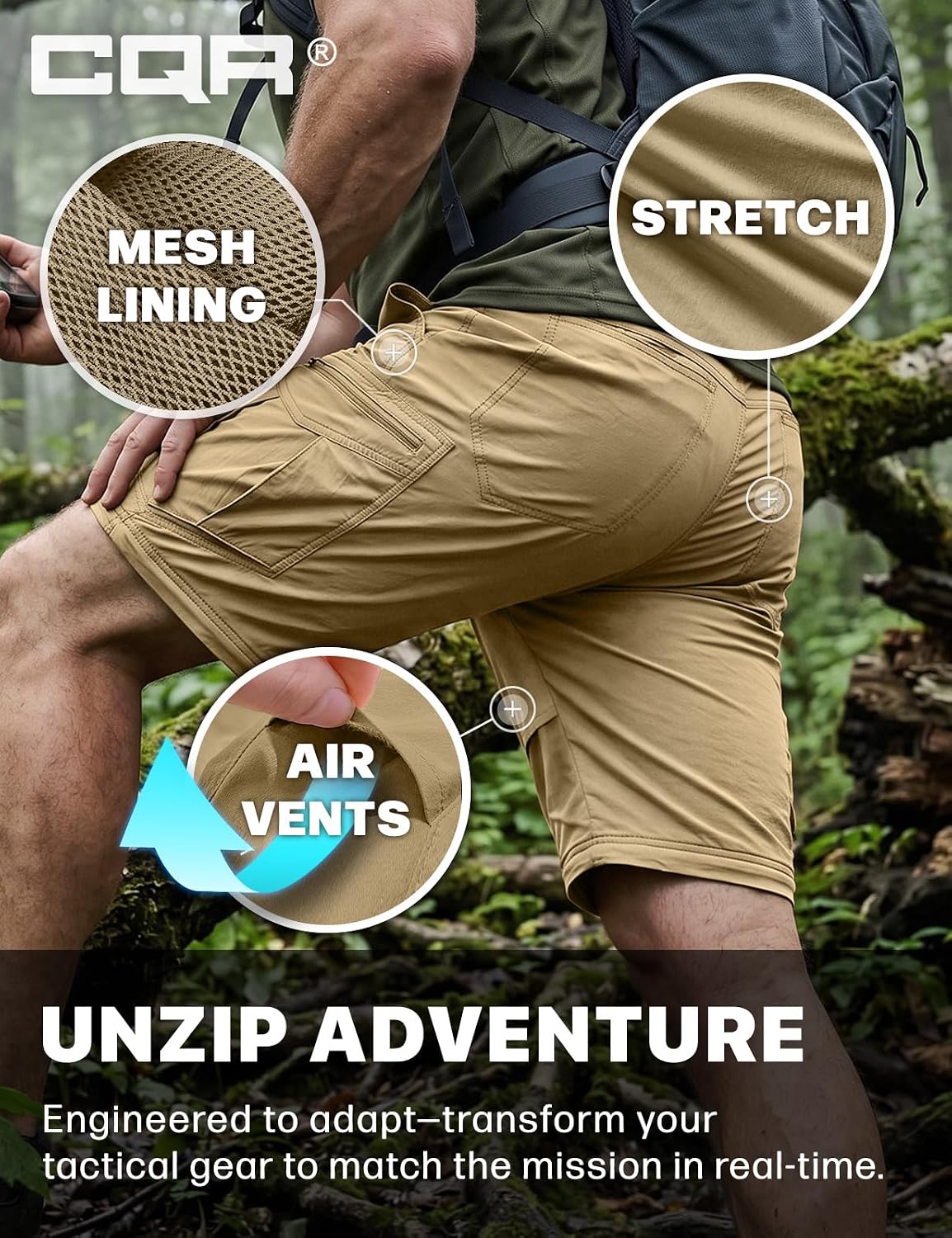 CQR Men's Convertible Cargo Tactical Pants, Water Resistant Outdoor Hiking Pants, Zip Off Lightweight Stretch Work Pants