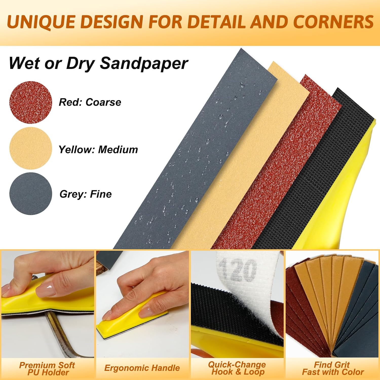 180 PCS Mini Detail Sanding Kit, 80-1000 Grit Sandpaper with Finger Sanding Blocks for Small Areas and Corners, Ideal for Woodworking, Furniture Repair, Crafts and DIY