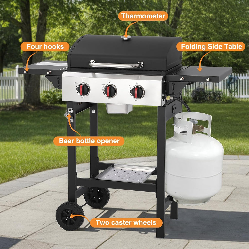 Propane Gas Grill with Folding Side Tables, 3-Burner Gas Grill with Cast Iron Grates and Stainless Steel Griddle Pan, Outdoor BBQ Grill Portable with Wheels 30,000 BTU Output