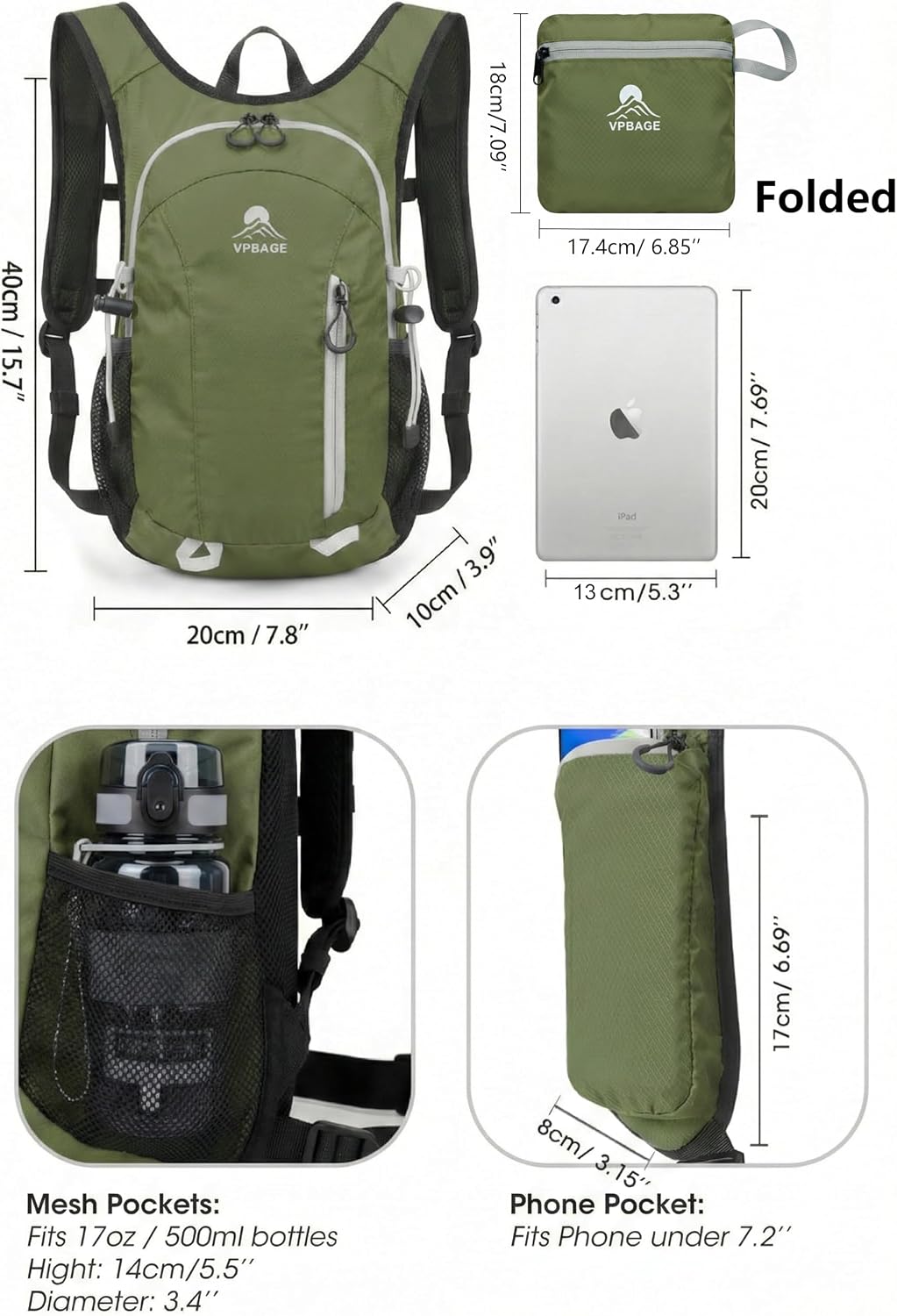 Foldable Small Hiking Backpack with 3 Strap Pockets – Lightweight 300D Spill-proof Daypack for Men Women – Packable Small Travel Backpack with Chest Strap & Trekking Pole Holder – Durable Outdoor Bag