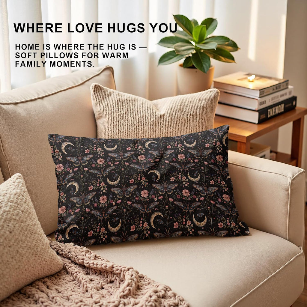 Mystical Gothic Boho Moody Moth Moon Pillow Covers 12x20, Dark Academia Floral Butterfly Throw Pillowcases, Witchy Cottagecore Pillow Cover Decor for Bedroom Living Room Couch, Double-Sided