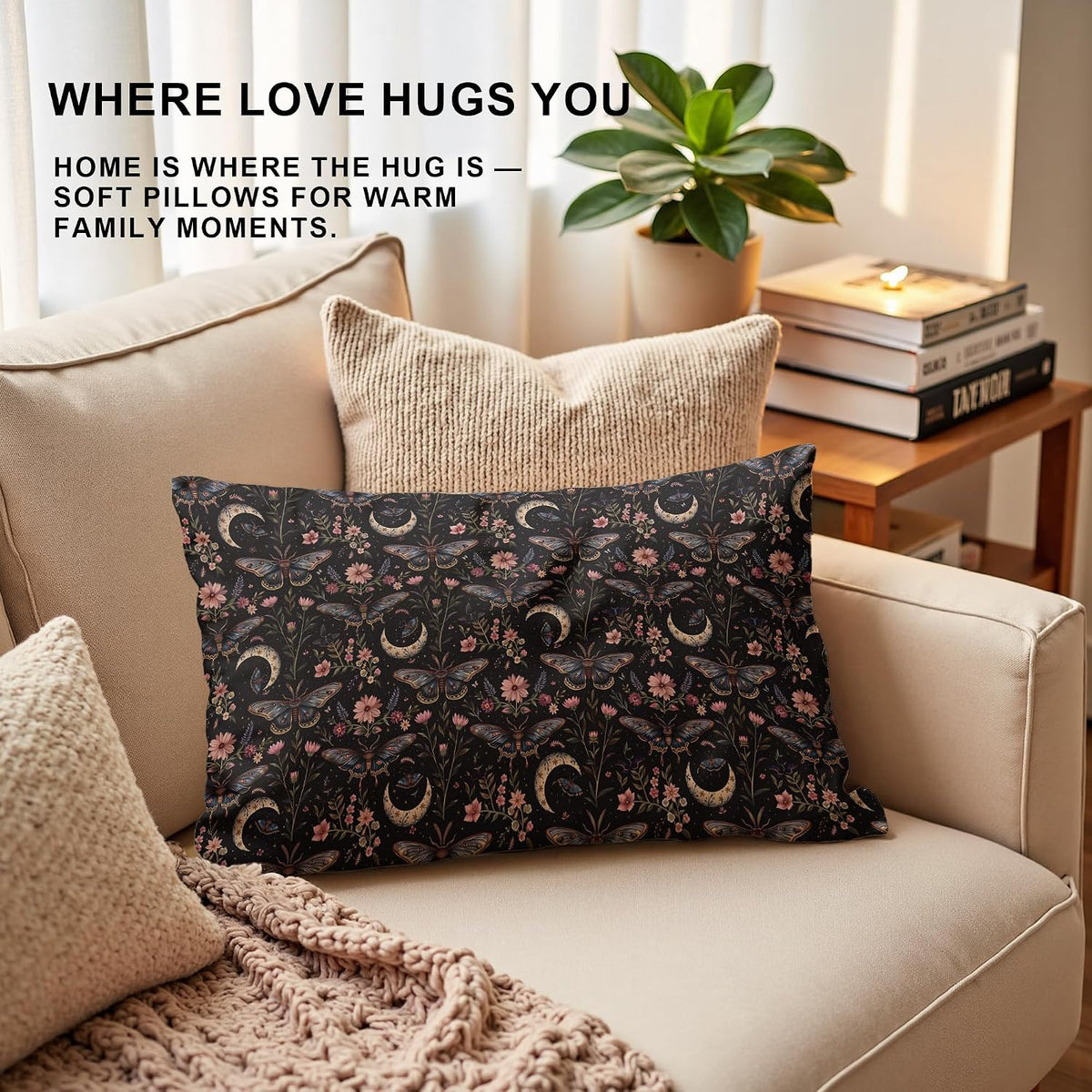 Mystical Gothic Boho Moody Moth Moon Pillow Covers 12x20, Dark Academia Floral Butterfly Throw Pillowcases, Witchy Cottagecore Pillow Cover Decor for Bedroom Living Room Couch, Double-Sided