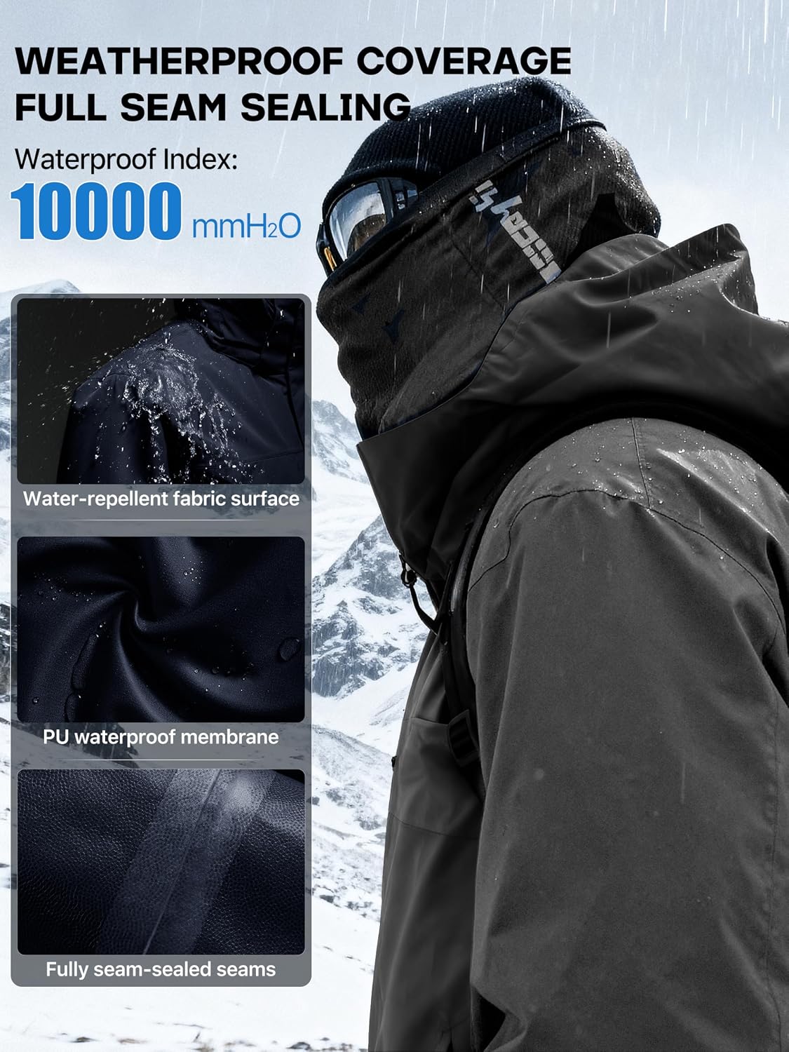 FREE SOLDIER Men's Waterproof Ski Jacket Fleece Lined Warm Winter Snow Coat with Hood Fully Taped Seams