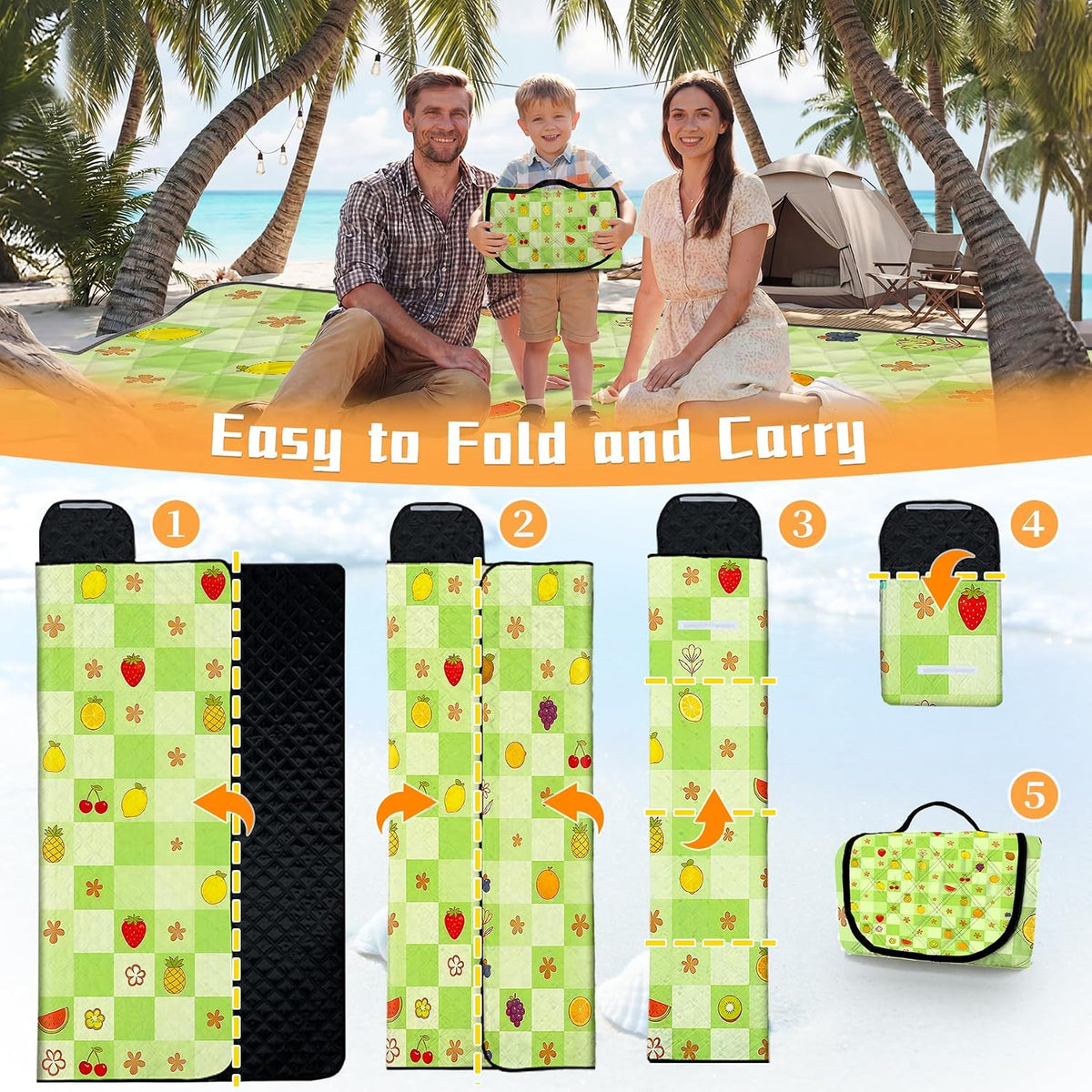 Picnic Blankets Outdoor Blanket,80"x 80" Extra Large Waterproof Sandproof Foldable Beach Blanket Grid Picnic Mat for Camping,Lawn,Park(Green)