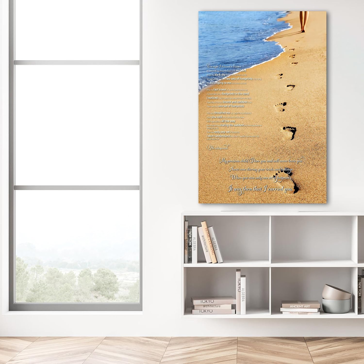 Footprints in the Sand Wall Art Decor, Footprints in the Sand Canvas Prints Wall Art, Inspirational Christian Poem Wall Poster Gift, Beach Picture Wall Art for Living Room Beach Office 32"Wx48"HInches