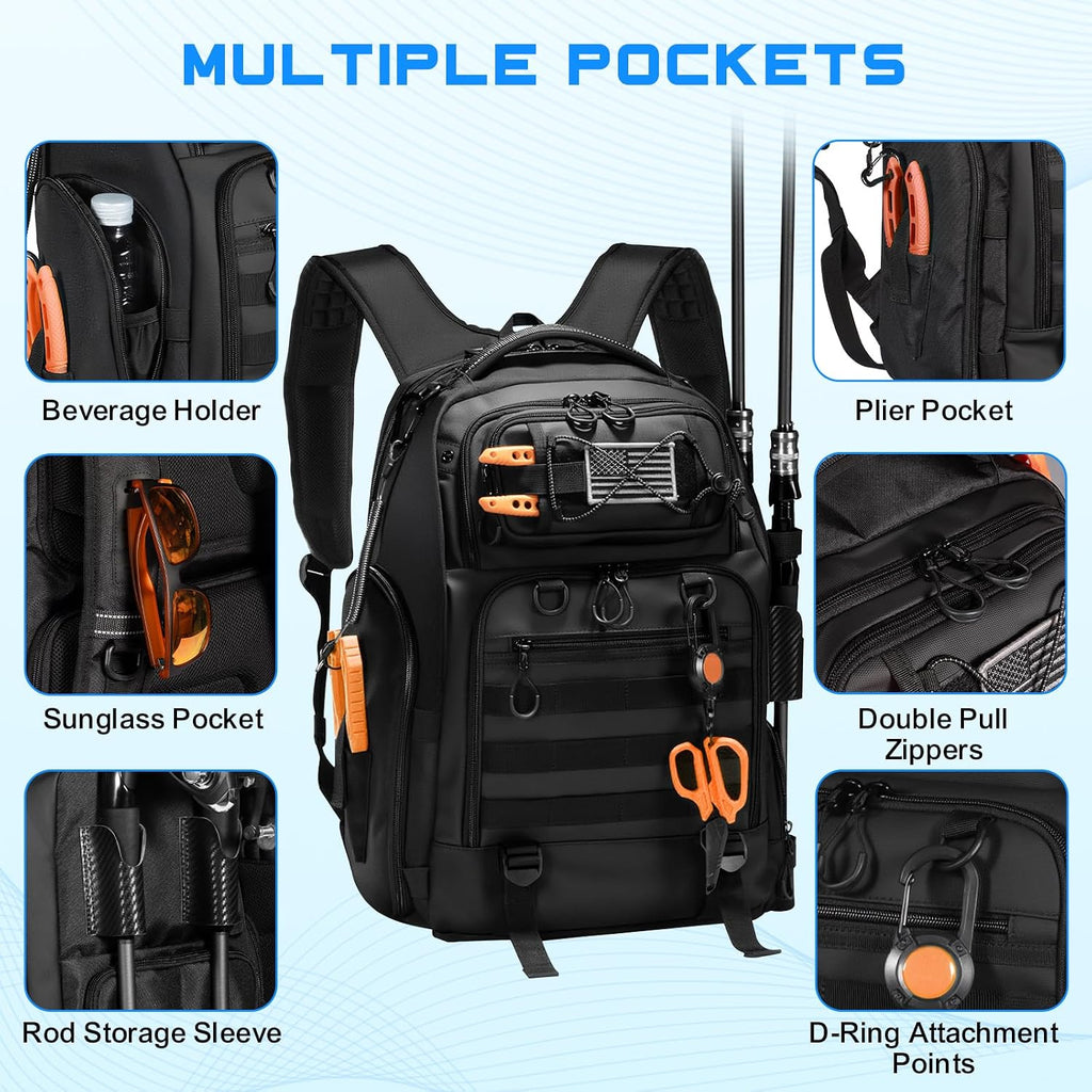 50L Fishing Backpack with 2 Rod Holders Storage, Comfortable Straps