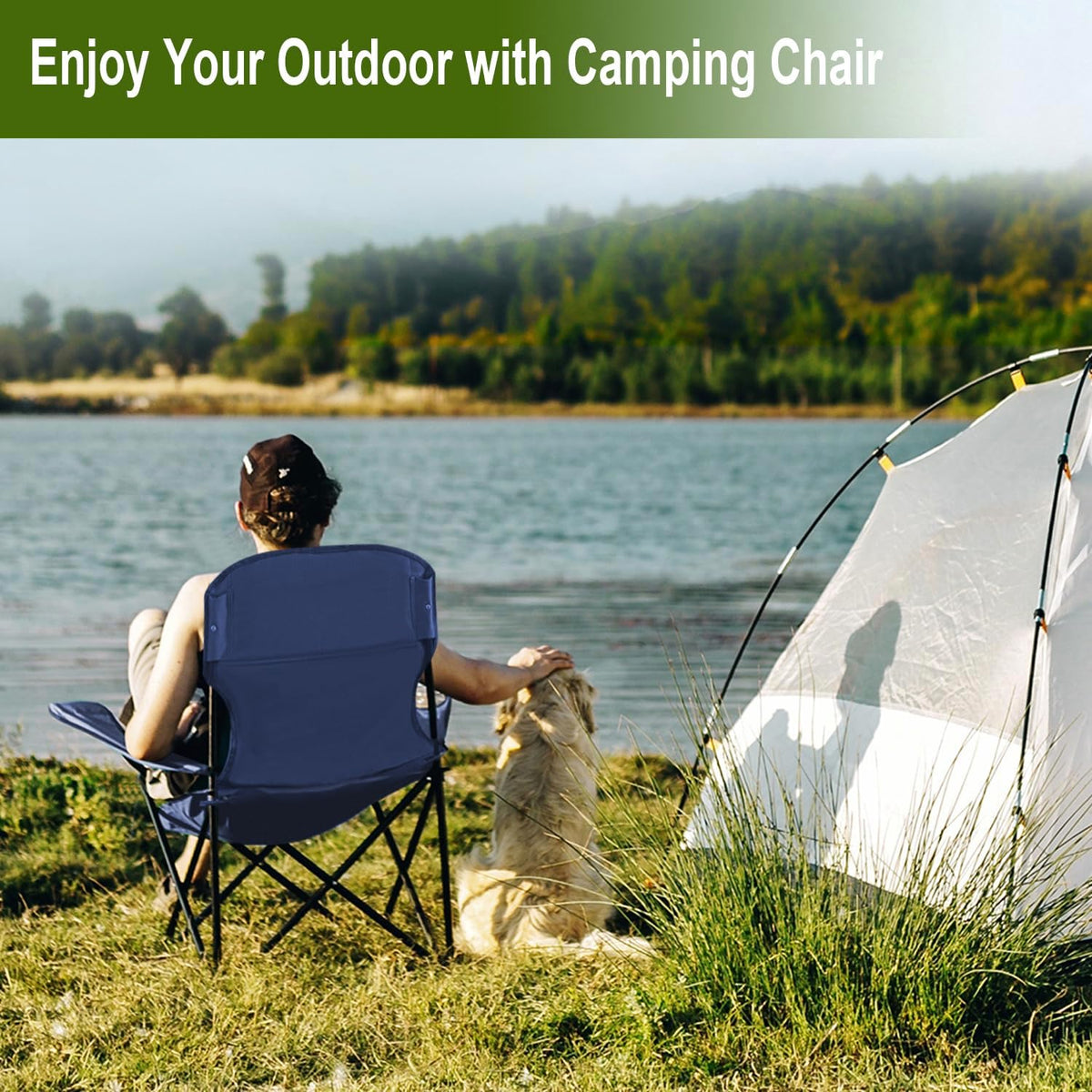 2PCS Folding Camping Collapsible Chairs Heavy Duty Lawn Chair with Cooler Bag, Storage Pocket, Waterproof Bag Outdoor Arm Chair, Supports 225LBS, Cyan