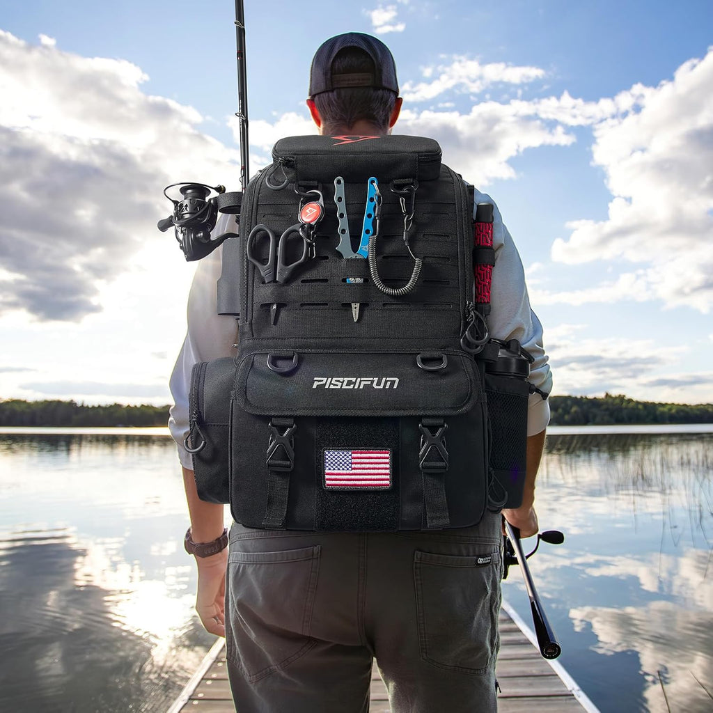 Piscifun 52L Fishing Tackle Backpack, 17 Pockets, Rod Holders & 4 Boxes
