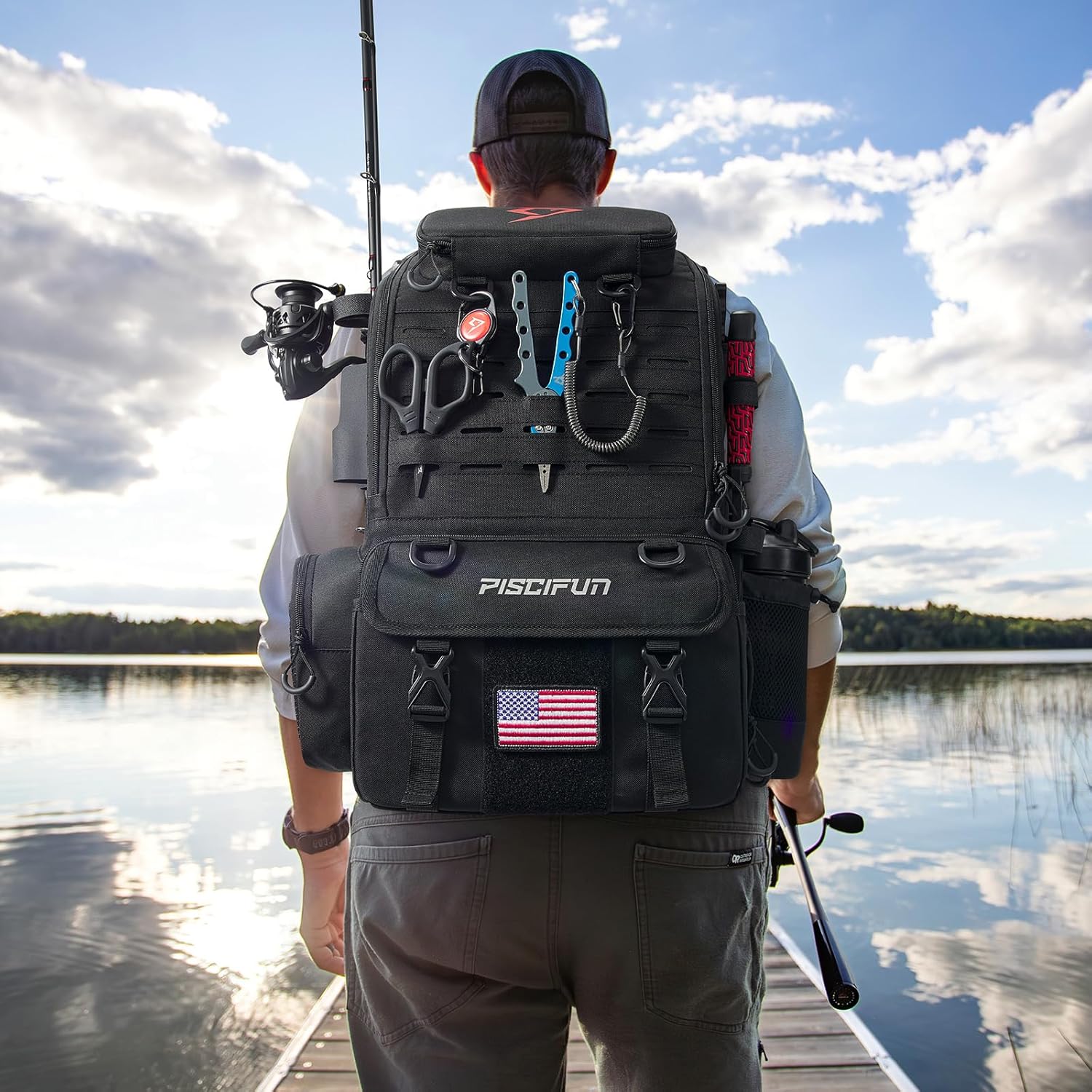 Piscifun 52L Fishing Tackle Backpack, 17 Pockets, Rod Holders & 4 Boxes