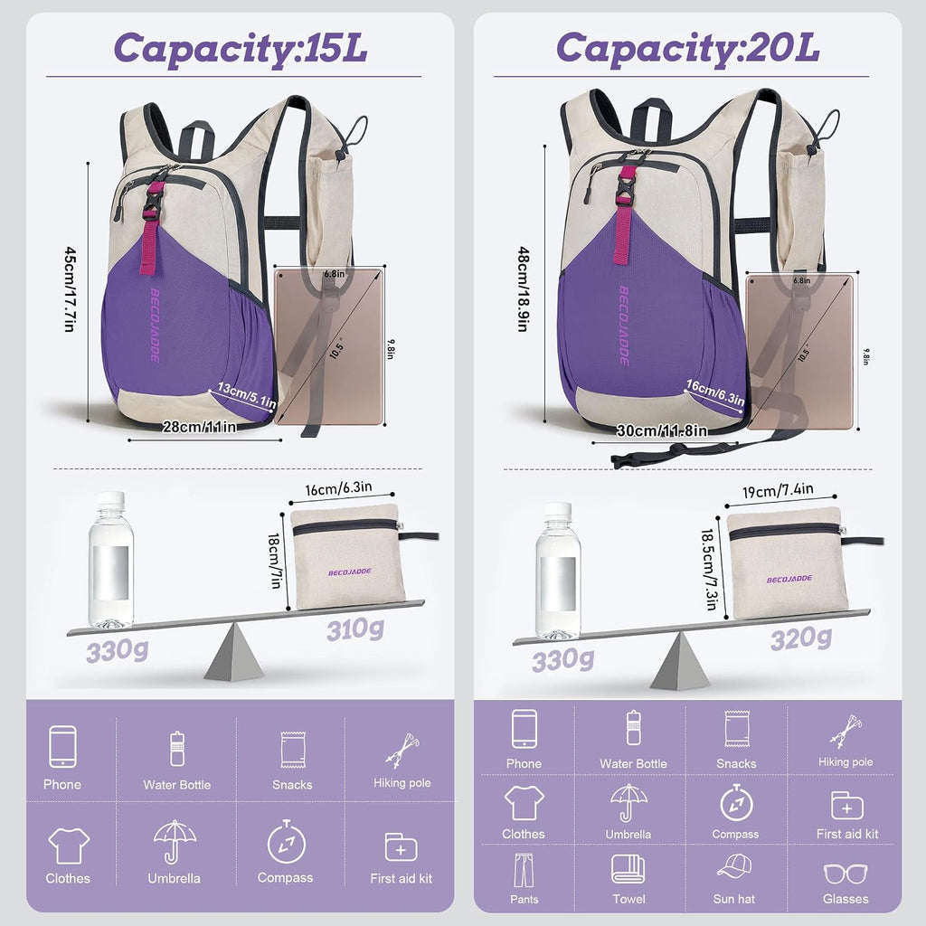 BECOJADDE 15L Small Hiking Backpack for Men Women Foldable Packable Back Pack Ultralight Hiking Daypack for Travel Camping Outdoor, Beige Purple