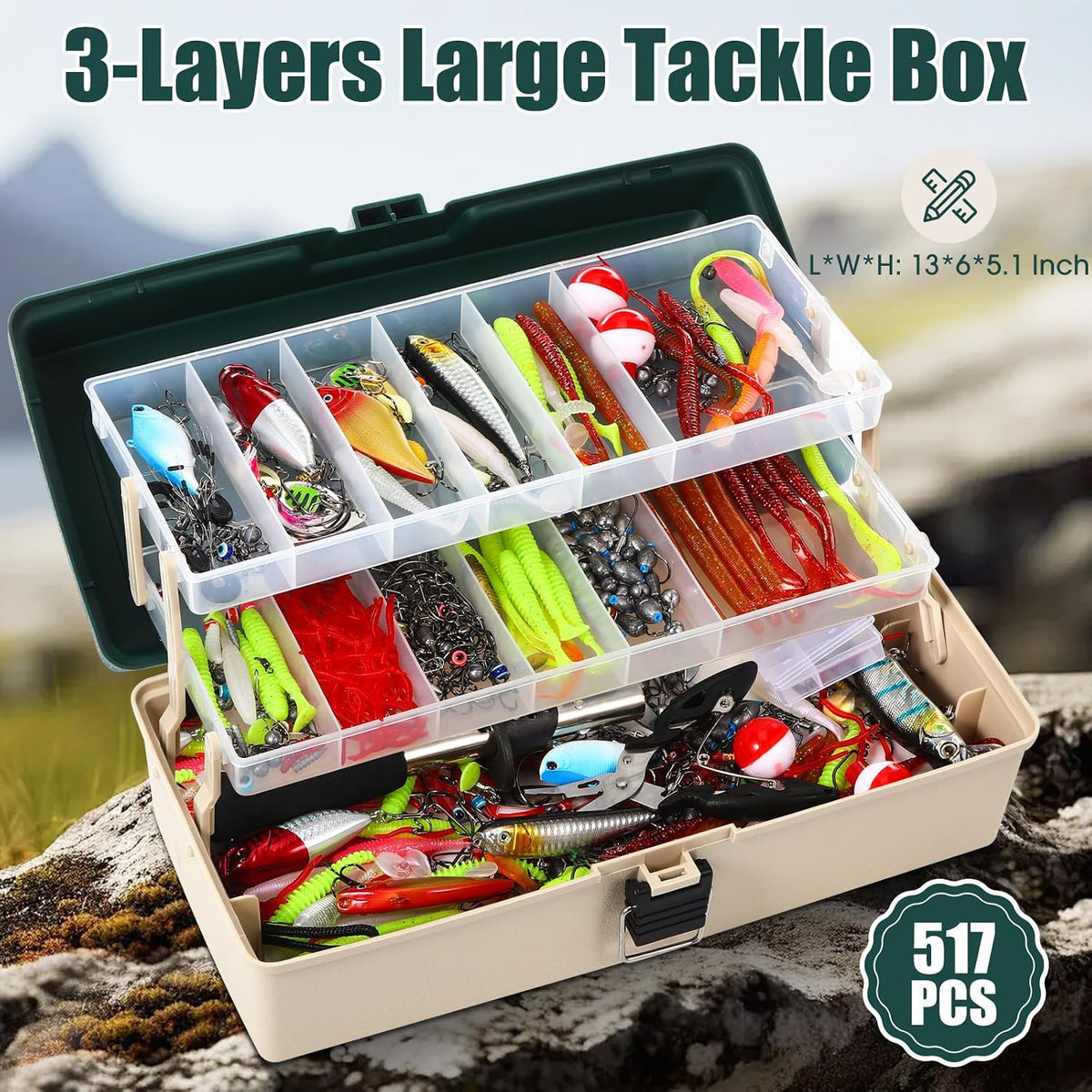 517 Pcs Large 3 Layers Fishing Lures Tackle Box Kit, Dark Green Milky White