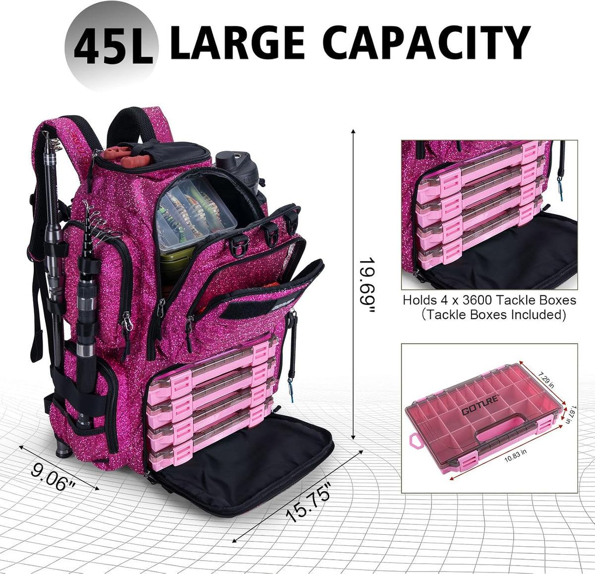 Goture Fishing Tackle Backpack with 4 3600 Tackle Boxes,2 Rod Holders