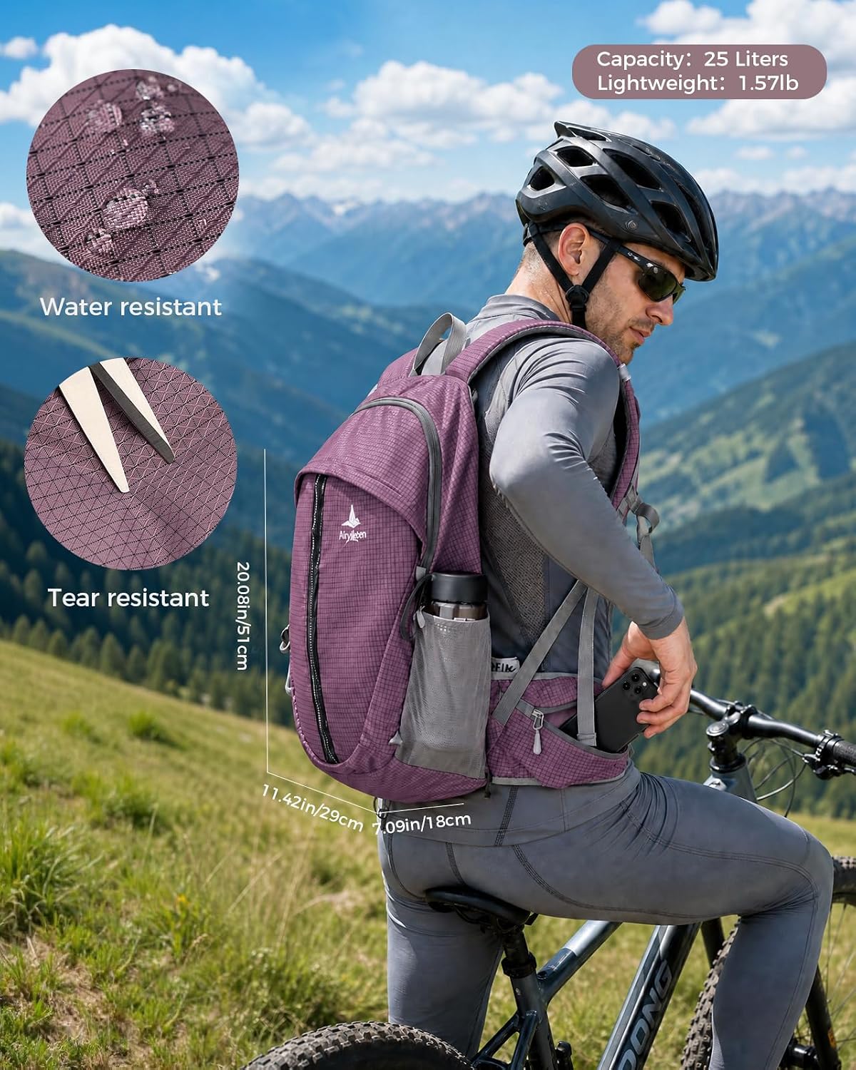 25L Hiking Backpack for Women Men, Lightweight Travel Day Pack, Purple