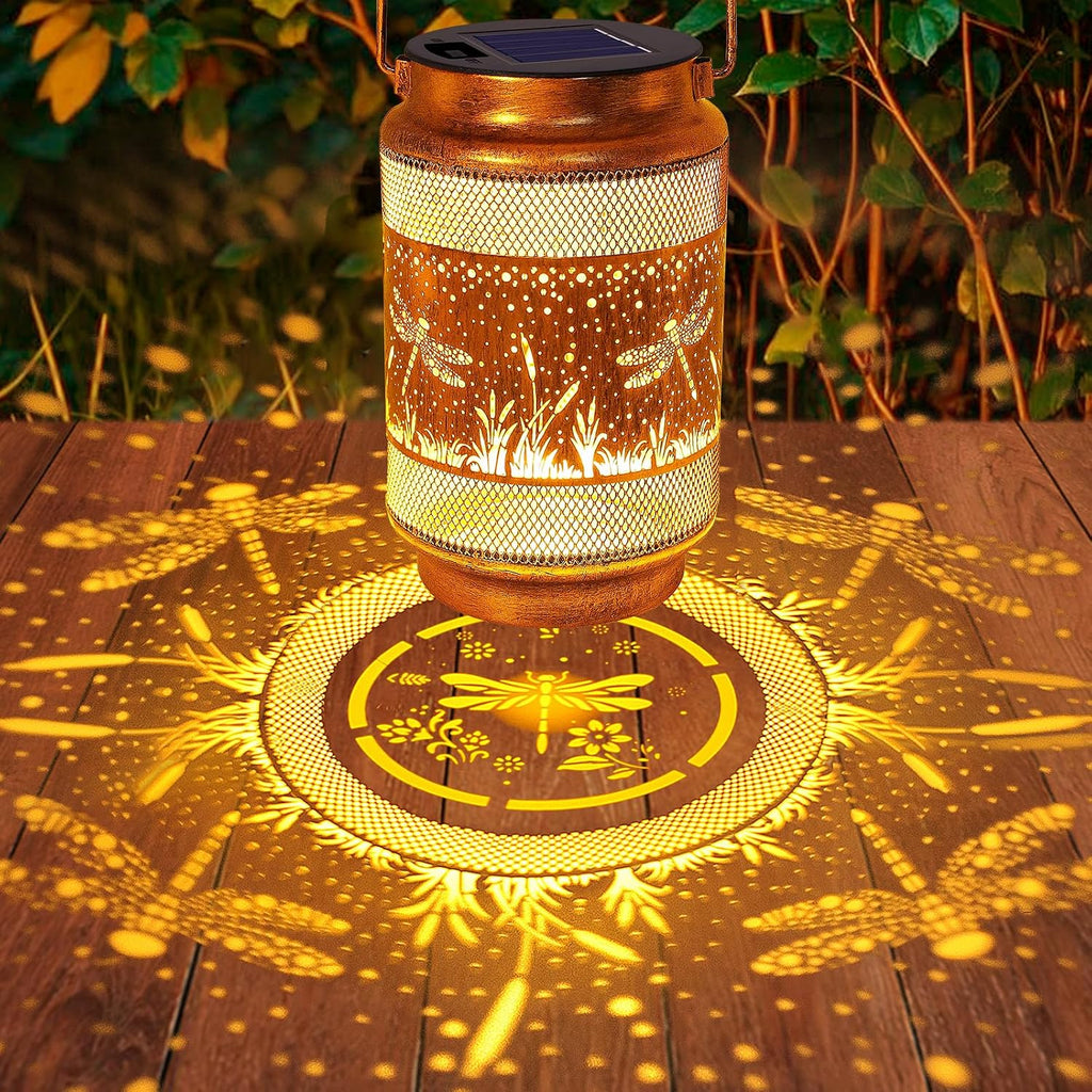 2 Pack Dragonfly Solar Lanterns Outdoor Waterproof Solar Garden Decor, Birthday Gifts for Women Mom Grandma, Metal Hanging Lights with Shepherd Hook for Outside Yard Patio Pathway Porch