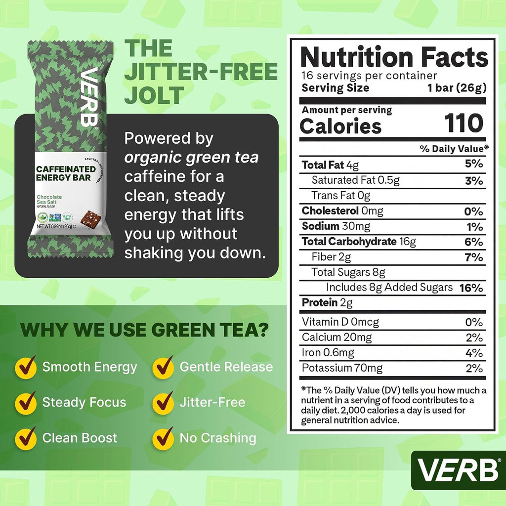 Verb Caffeinated Energy Bars Chocolate Sea Salt (26g, Pack of 16)