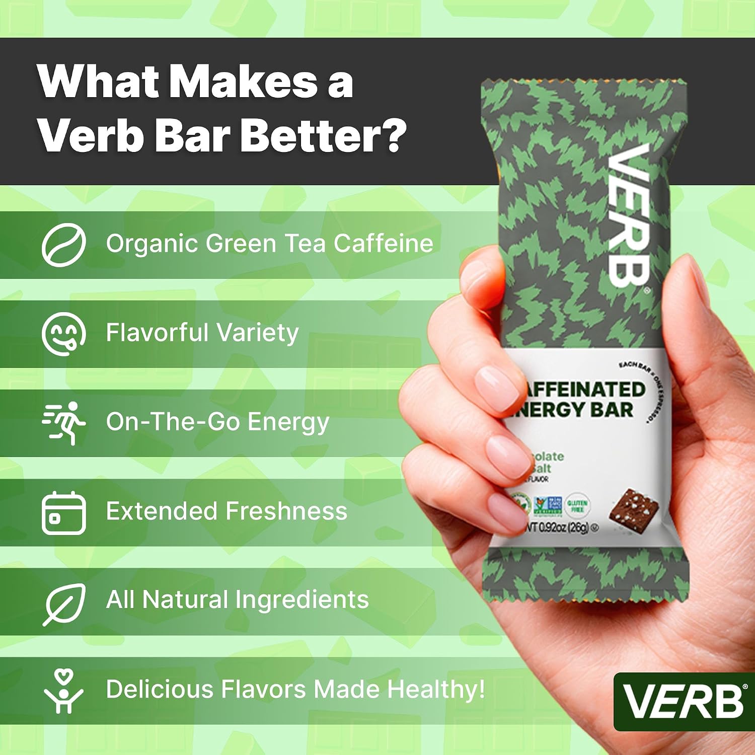 Verb Caffeinated Energy Bars Chocolate Sea Salt (26g, Pack of 16)