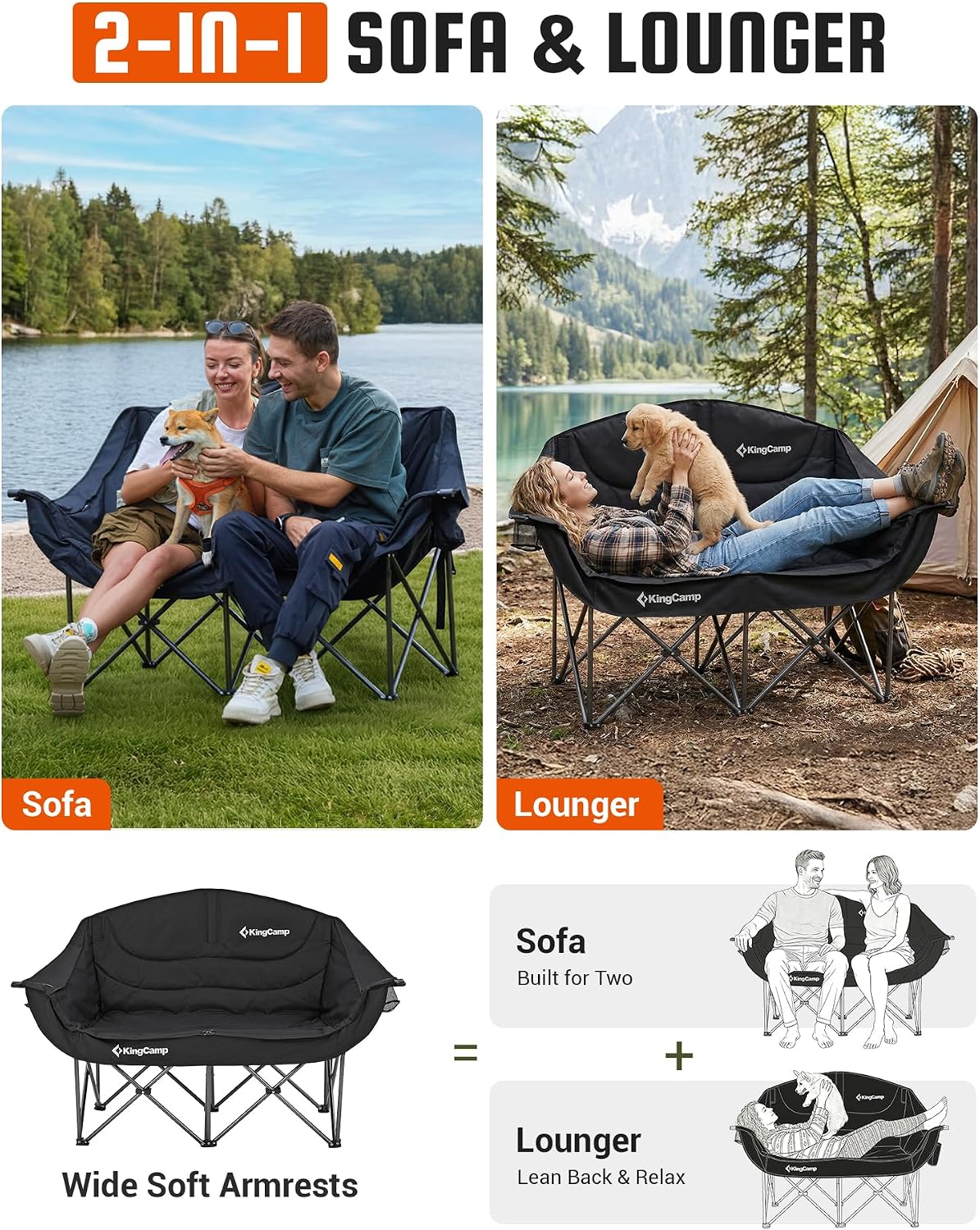 KingCamp Double Camping Chair, Heavy Duty 660lbs Folding 2 Person Chair