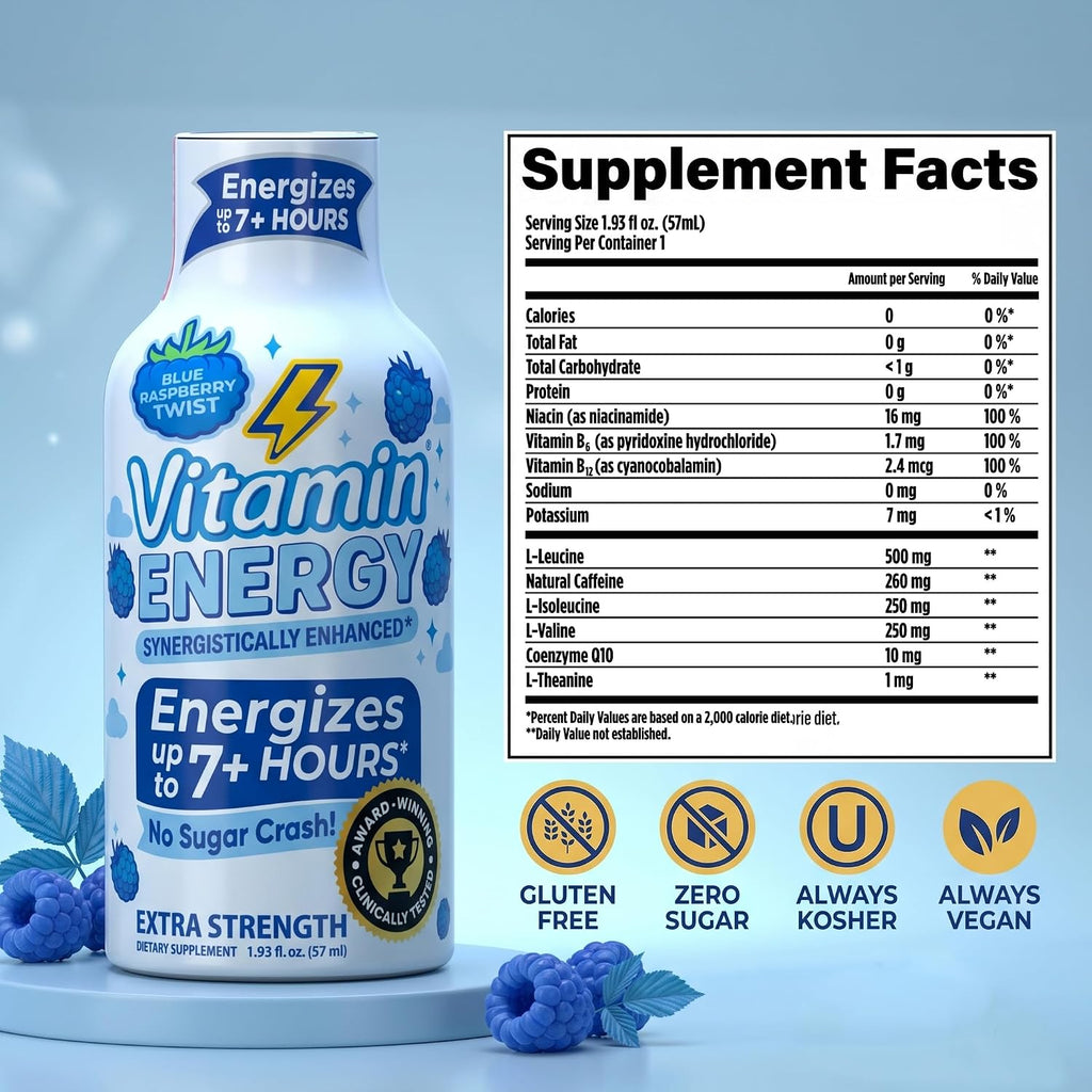 Vitamin Energy Blue Raspberry Twist Extra Strength Energy Shot, 10 Pack - Up to 7 Hrs, 260mg Natural Caffeine, Zero Sugar - Electrolytes + BCAAs, Hydration, B12 B6 Niacin, 1.93 fl oz, Keto Vegan
