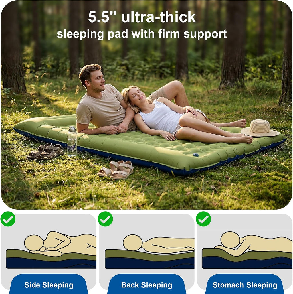 Double Camping Pad 5.5" Ultra-Thick with Pillow & Built-in Foot Pump