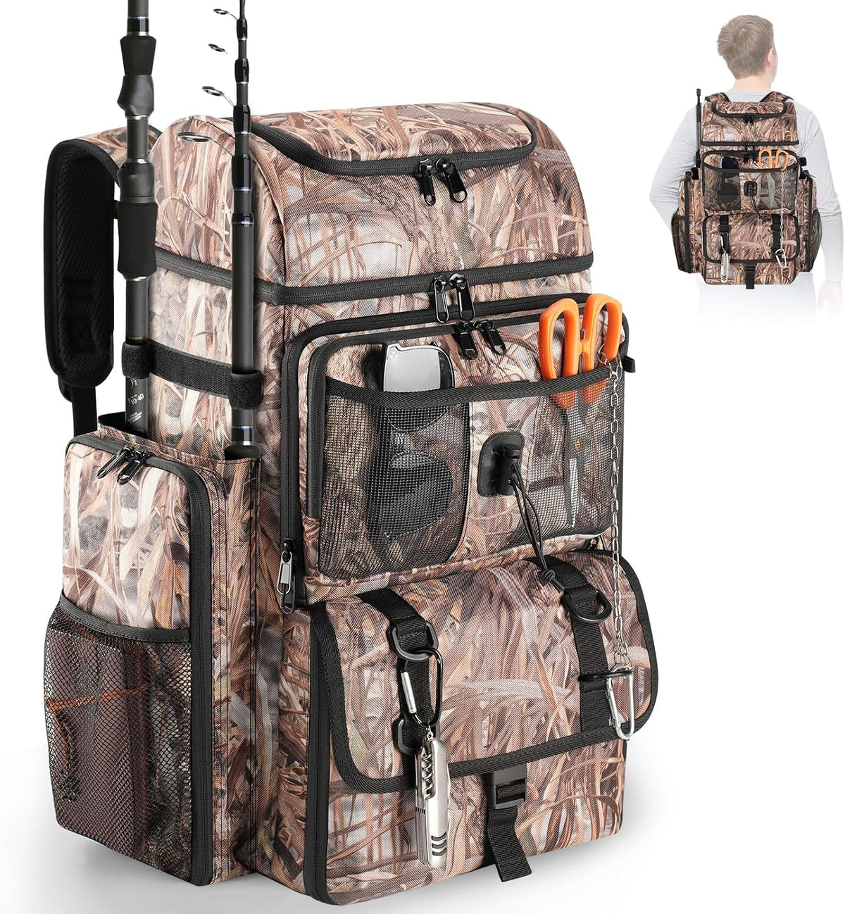 VJI 52L Large Fishing Tackle Backpack with Rod Holders, Reed Beige