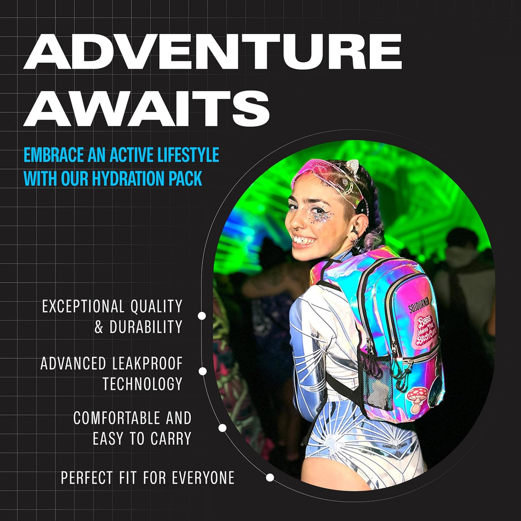 Sojourner Hydration Pack, Hydration Backpack - Water Backpack with 2l Hydration Bladder, Festival Essential - Rave Hydration Pack Hydropack Hydro for Hiking, Running, Biking, Festival Gear