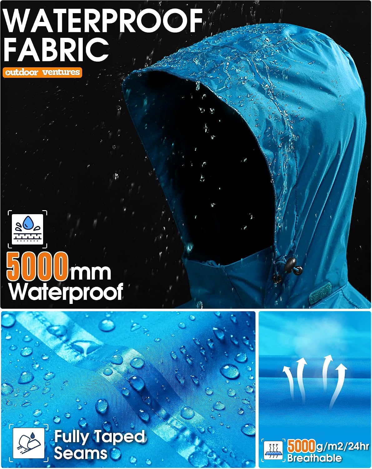 Outdoor Ventures Men's Rain Jacket Waterproof Lightweight Packable Raincoat