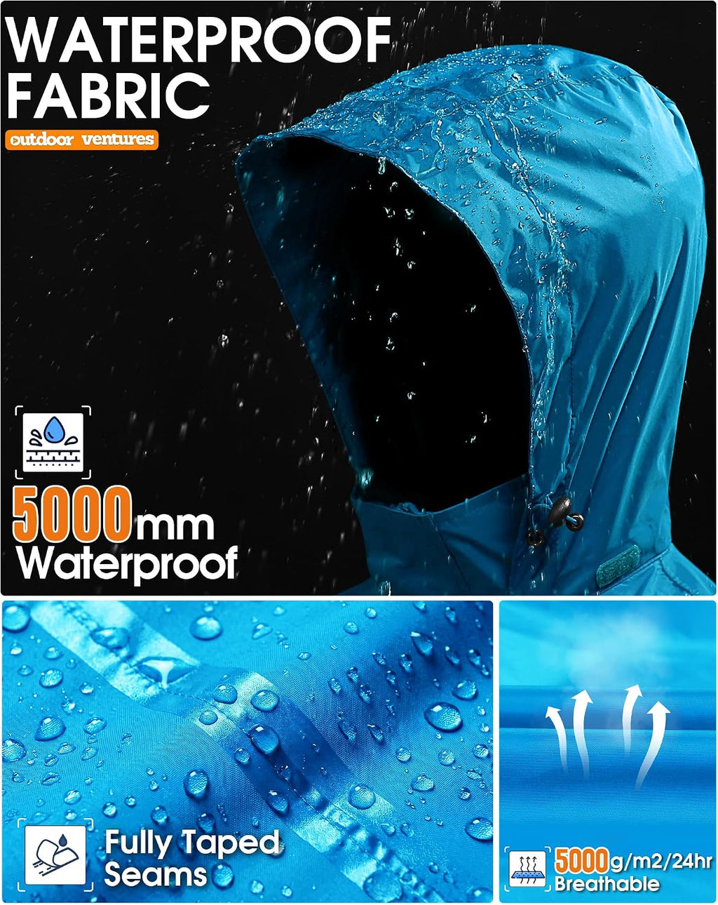 Outdoor Ventures Men's Rain Jacket Waterproof Lightweight Packable Raincoat