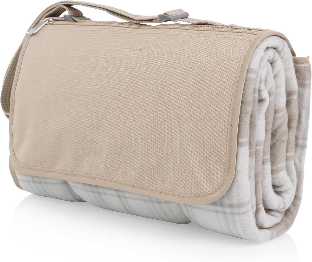 Picnic TIME Outdoor Picnic Blanket Tote, 59"x51" Foldable Beach & Camping Blanket with Soft Fleece, Water-Resistant Bottom, Adjustable Strap & Zippered Pocket (Neutral Plaid)