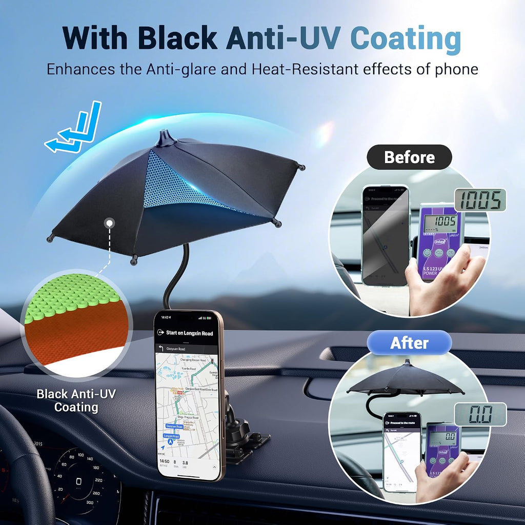 Kiorafoto Double Magnetic Phone Umbrella,UPF45+ Phone Sunshade Shield for Sun with 360°Adjust & Black Anti-UV Coating,Cellphone Umbrella Compatible with Magsafe Phone-Grip/Magsafe Car Phone-Mount