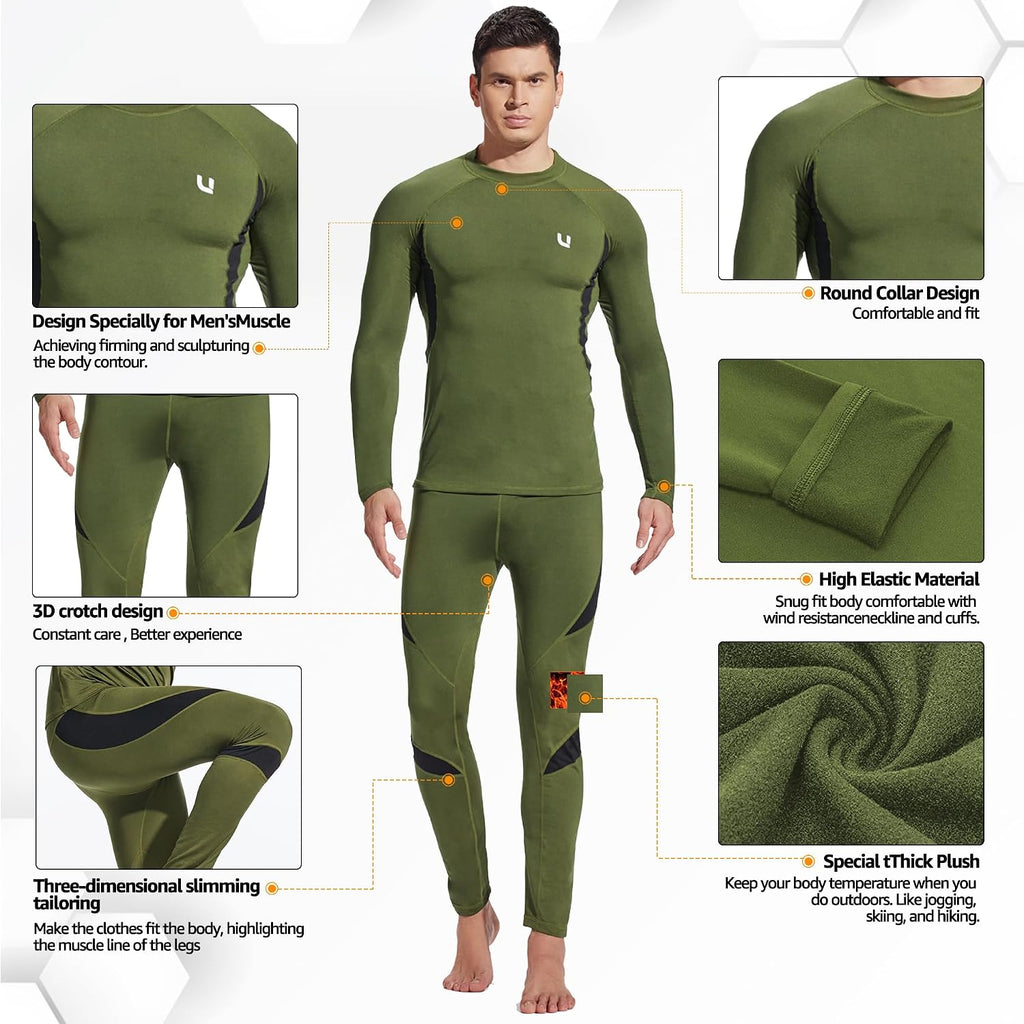 UNIQUEBELLA Men's Thermal Underwear Sets Top & Long Johns Fleece Sweat Quick Drying Thermo Base Layer