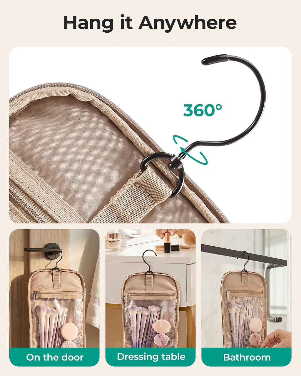 BAGSMART Travel Toiletry Bag for Women, Puffy Hanging Toiletry Bag with Hook, Water-resistant Toiletry Organizer for Full Sized Toiletries (Baby Pink)