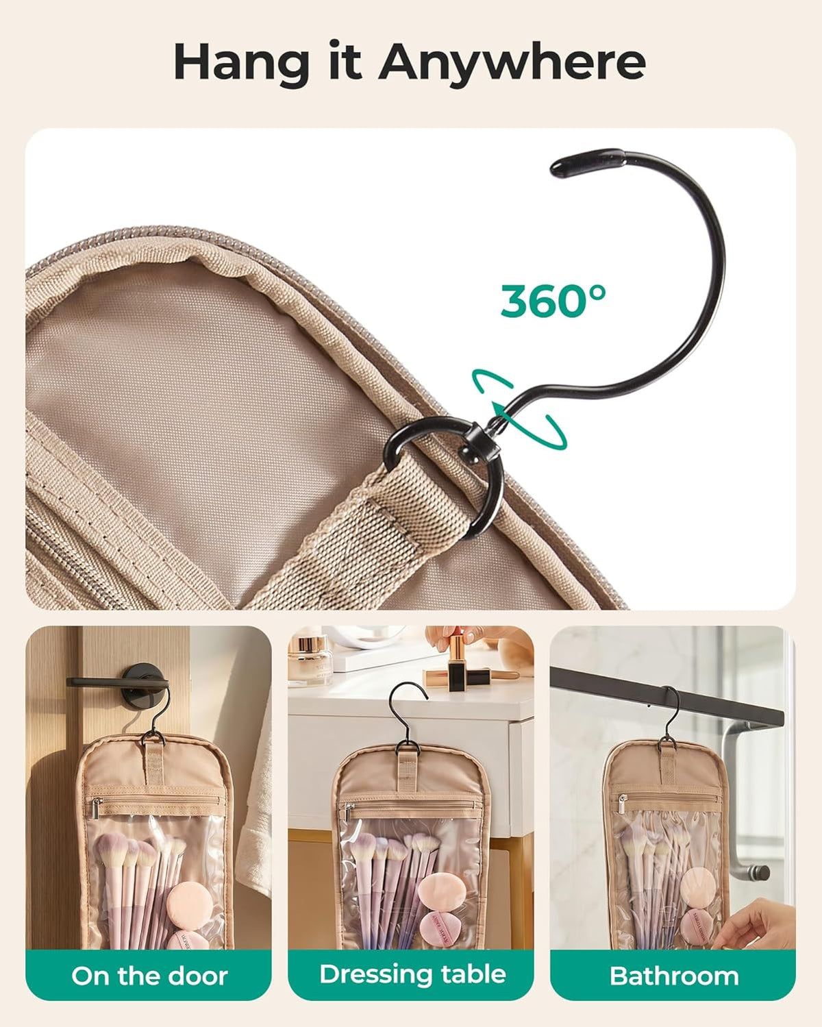 BAGSMART Travel Toiletry Bag for Women, Puffy Hanging Toiletry Bag with Hook, Water-resistant Toiletry Organizer for Full Sized Toiletries (Coffee Brown)