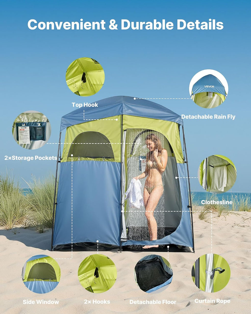 VEVOR Camping Shower Tent, 2-Room Portable Privacy Tent Changing Room with Shower Bag, Ground Stakes, Ropes, Carry Bag, and Support Poles, 150D Oxford Fabric with Silver Coating, for Camping, Fishing