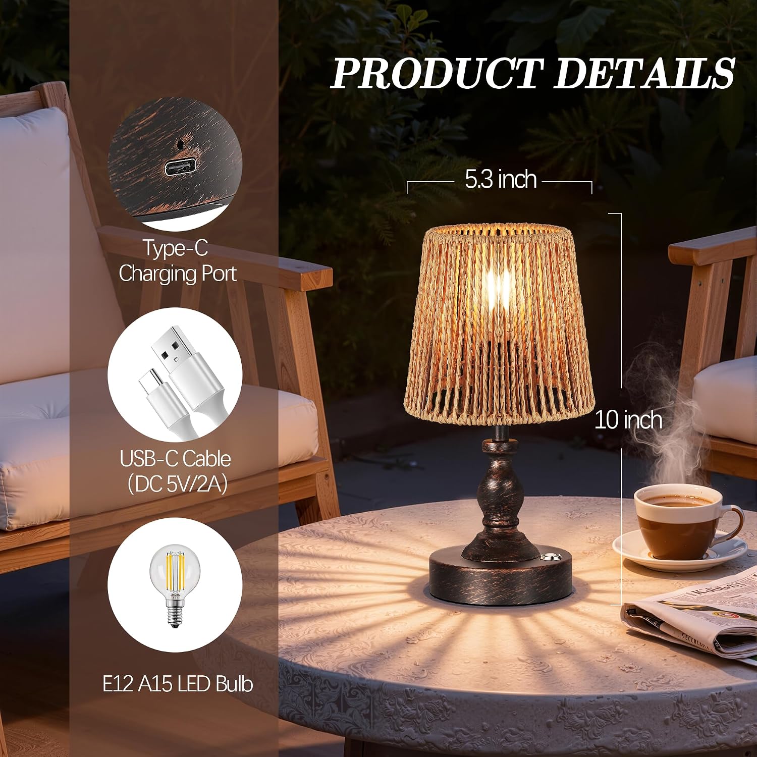 PARTPHONER Mini Cordless LED Table Lamp, 5200mAh Rechargeable Battery Operated Lamp, 3-Level Brightness, Touch Dimmable Desk Lamp, Bedside Night Light with Rattan Shade, Oil Rubbed Bronze