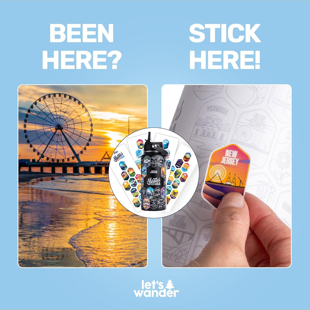 LET'S WANDER Lets Wander 50 States Water Bottle with Waterproof Stickers - 32oz Leakproof Insulated Stainless Steel with Straw - States of the USA Gift Bottle (Black)