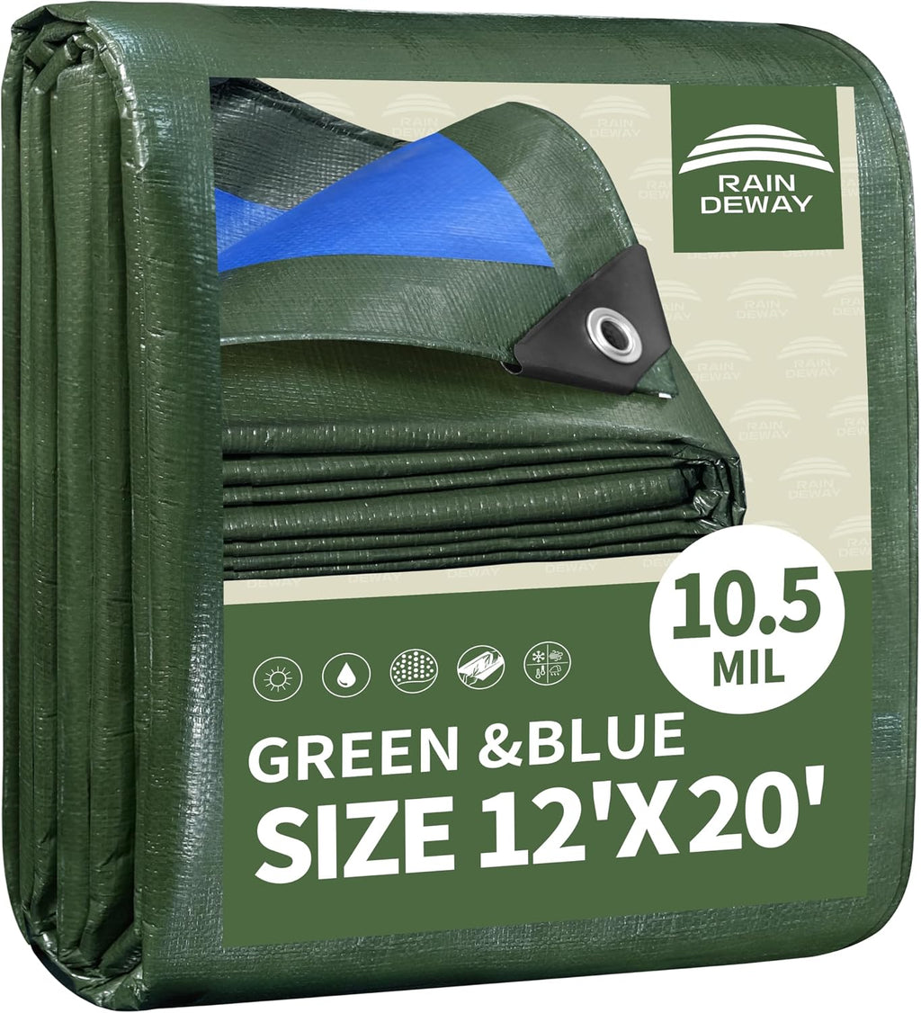 RAINDEWAY 12x20 Feet Tarps Heavy Duty Waterproof 10.5 Mil Outdoor Poly Tarp