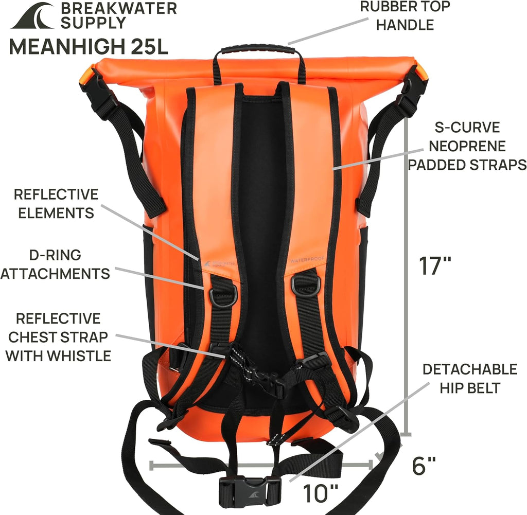 Breakwater Supply™ Meanhigh Dry Bag Waterproof Rolltop Backpack, 25L, Medium/Large, for Water Sports, Boating, Bike, Fishing, Hi-Visibility Safety Orange (Orange)