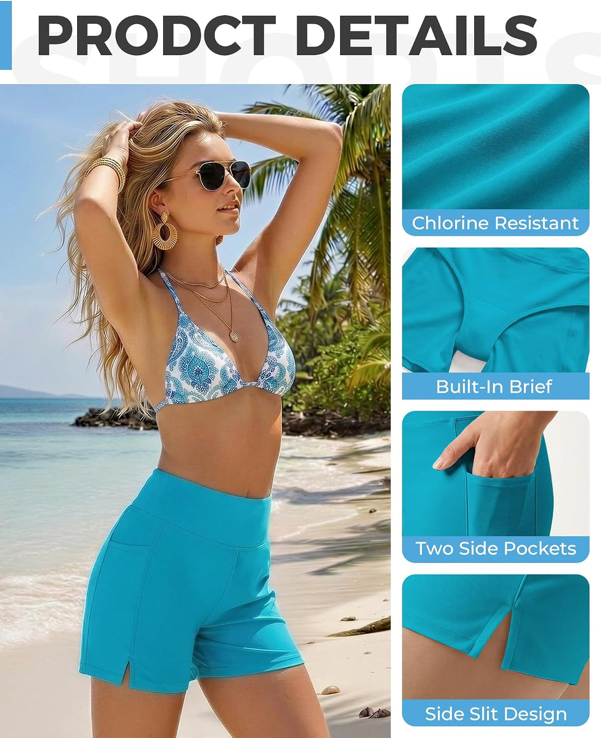 Ommiivex Women Swim Shorts 5 Inches High Waist Extremely Stretch Softness Quick Dry for Pool Beach Board Summer Vacation