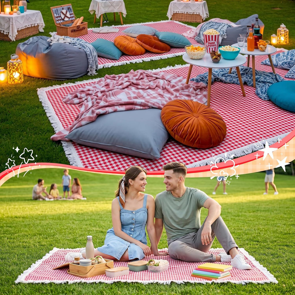 Frienda 6 Pcs Large Red Gingham Outdoor Picnic Blanket Boho 59 x 36 Inch