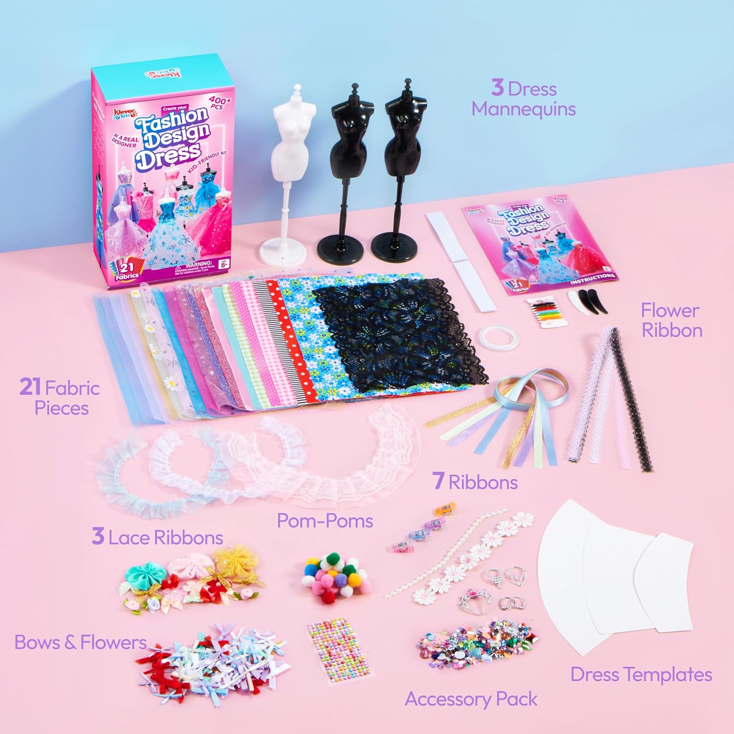 Klever Kits 400+PCS Fashion Design Crafts for Kids, Art and Crafts, DIY Sewing Kits with 3 Mannequins for Girls Aged 8-12, Toys for Kids, Birthday Presents, Doll Clothes