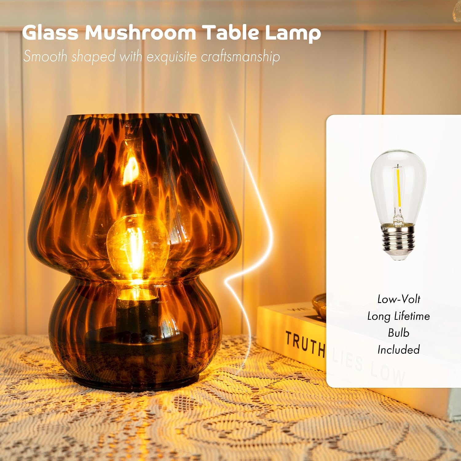 ULAROOM Battery Operated Mushroom Lamp - Vintage Small Table Lamp with Timer, Cordless Bedside Nightstand Lamp, Glass Battery Powered Lamp for Bedroom Kitchen Living Room Shelf Decor Aesthetic Amber