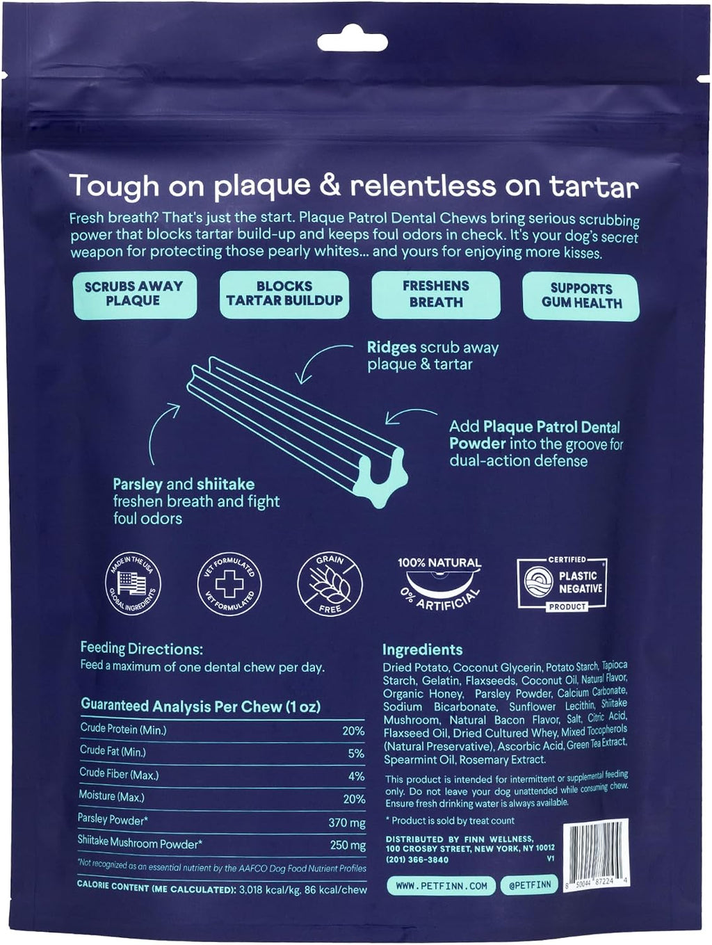 Finn Plaque Patrol Dental Chews - Fights Tartar & Bad Breath - Dogs 25+ lbs