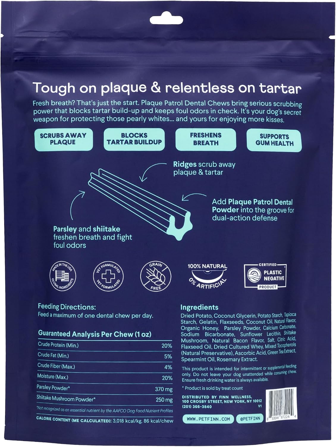Finn Plaque Patrol Dental Chews - Fights Tartar & Bad Breath - Dogs 25+ lbs